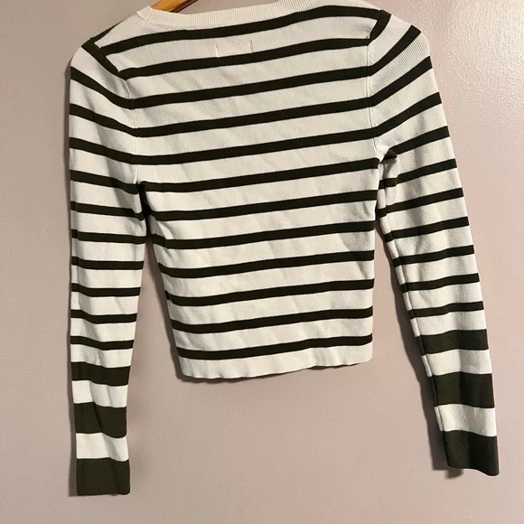 Anthropologie Olive and White Striped Long Sleeve Top - Picture 2 of 6